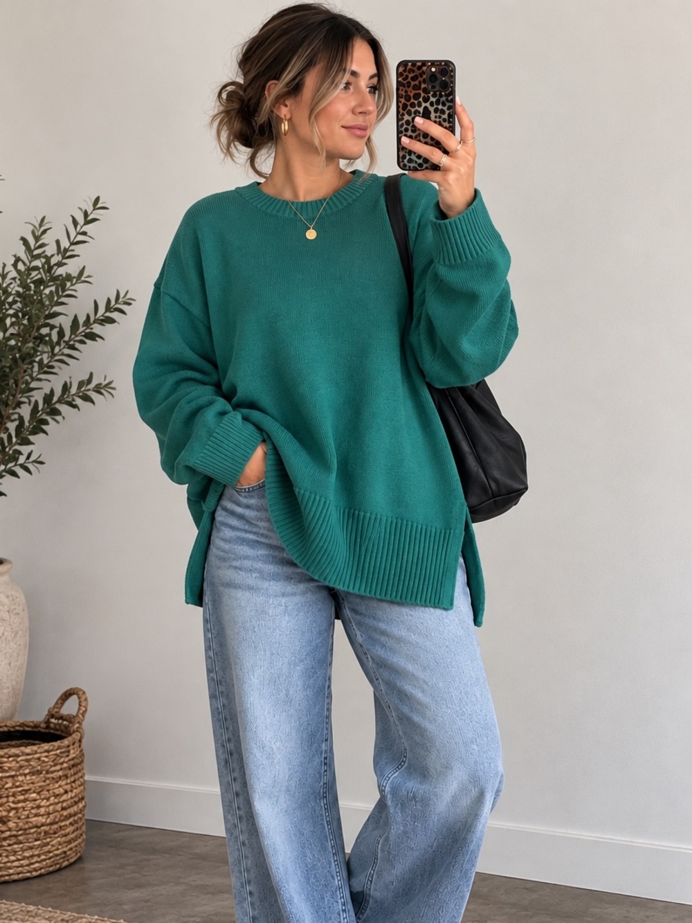 GAP Teal Green Oversized Cotton Sweater Side Slits Ribbed Crewneck